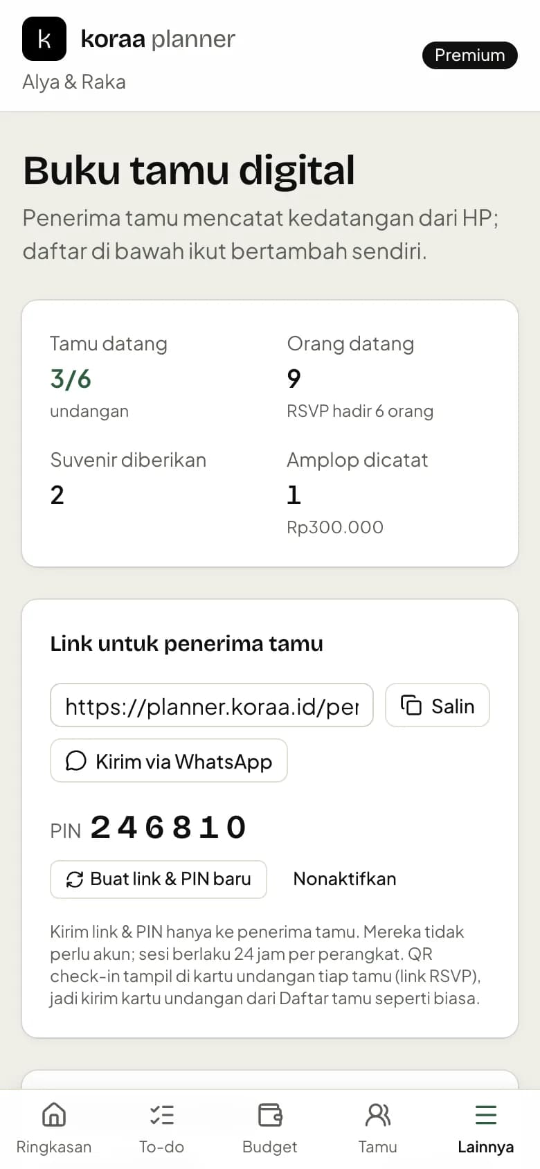 Halaman buku tamu: link, PIN, dan kedatangan tamu