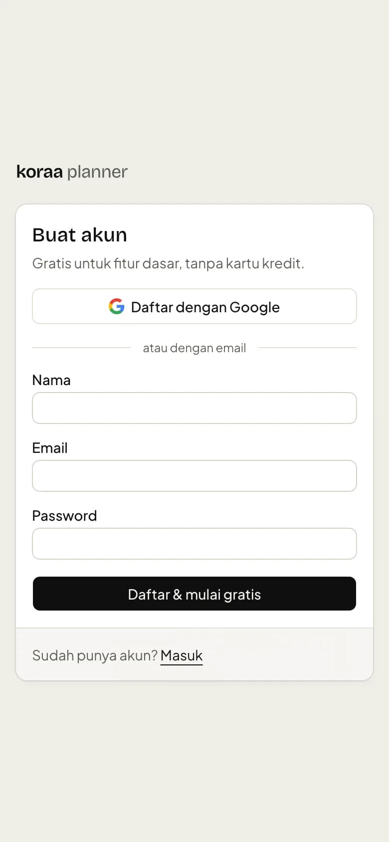 Halaman daftar Koraa Planner