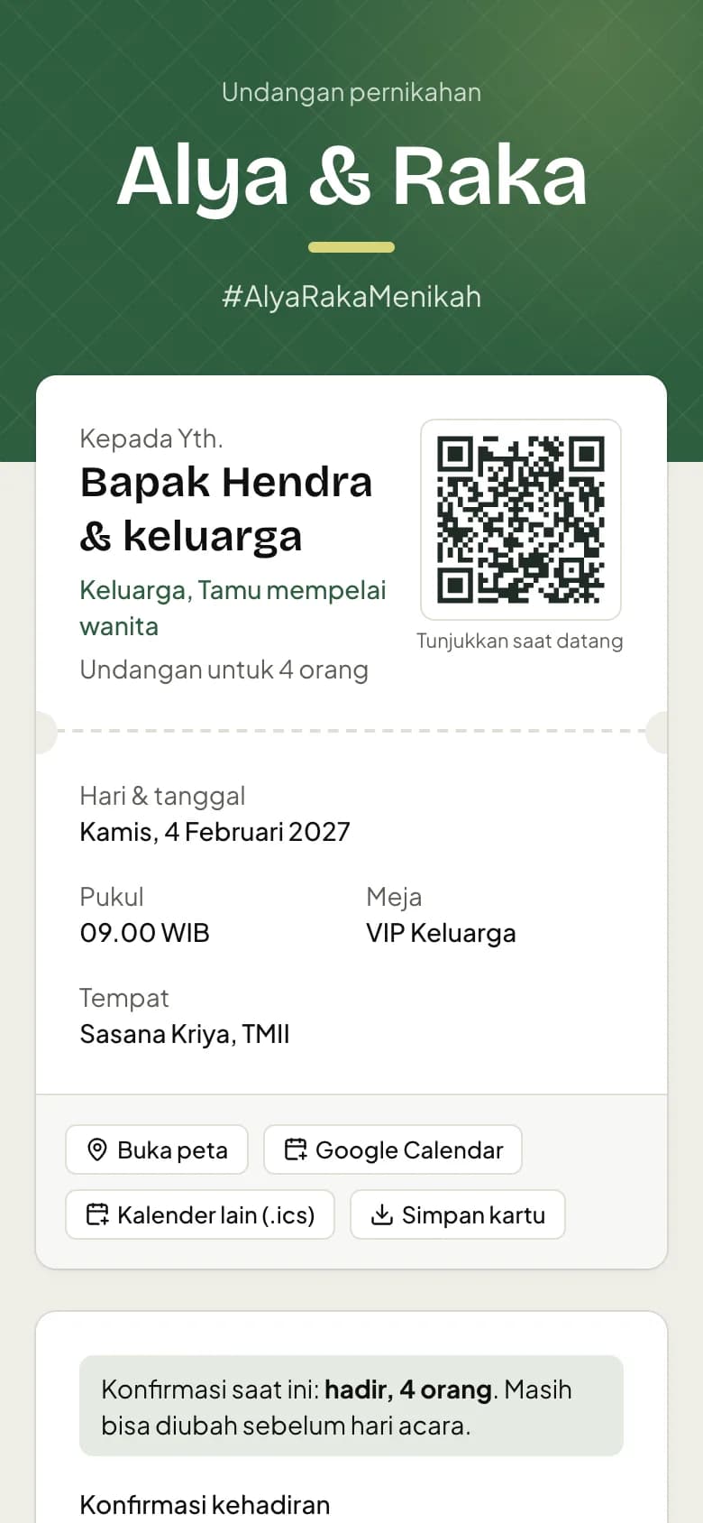 Kartu undangan pribadi seorang tamu
