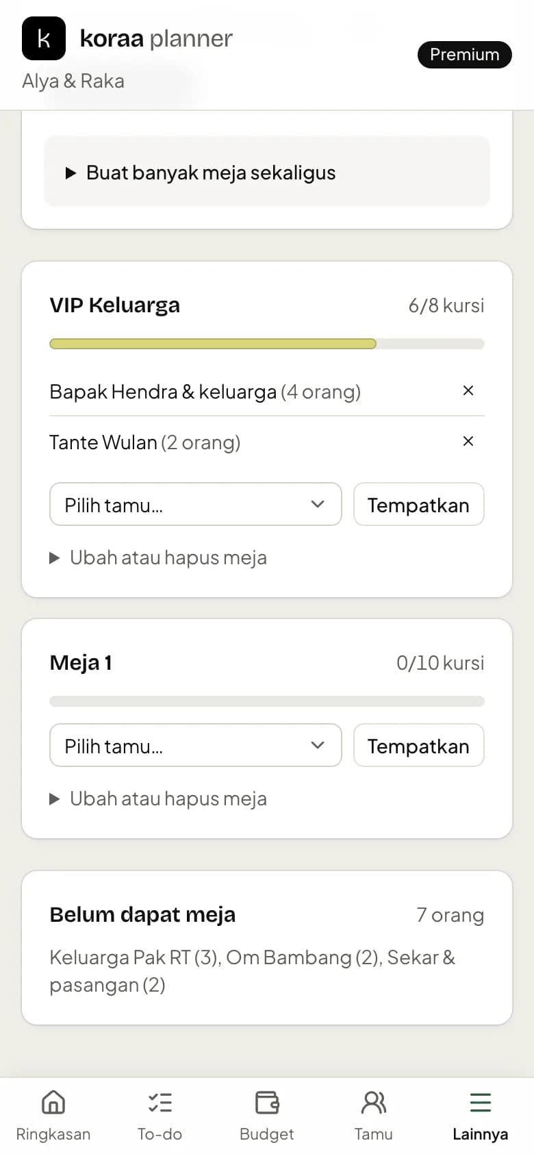 Denah meja dengan kapasitas kursi