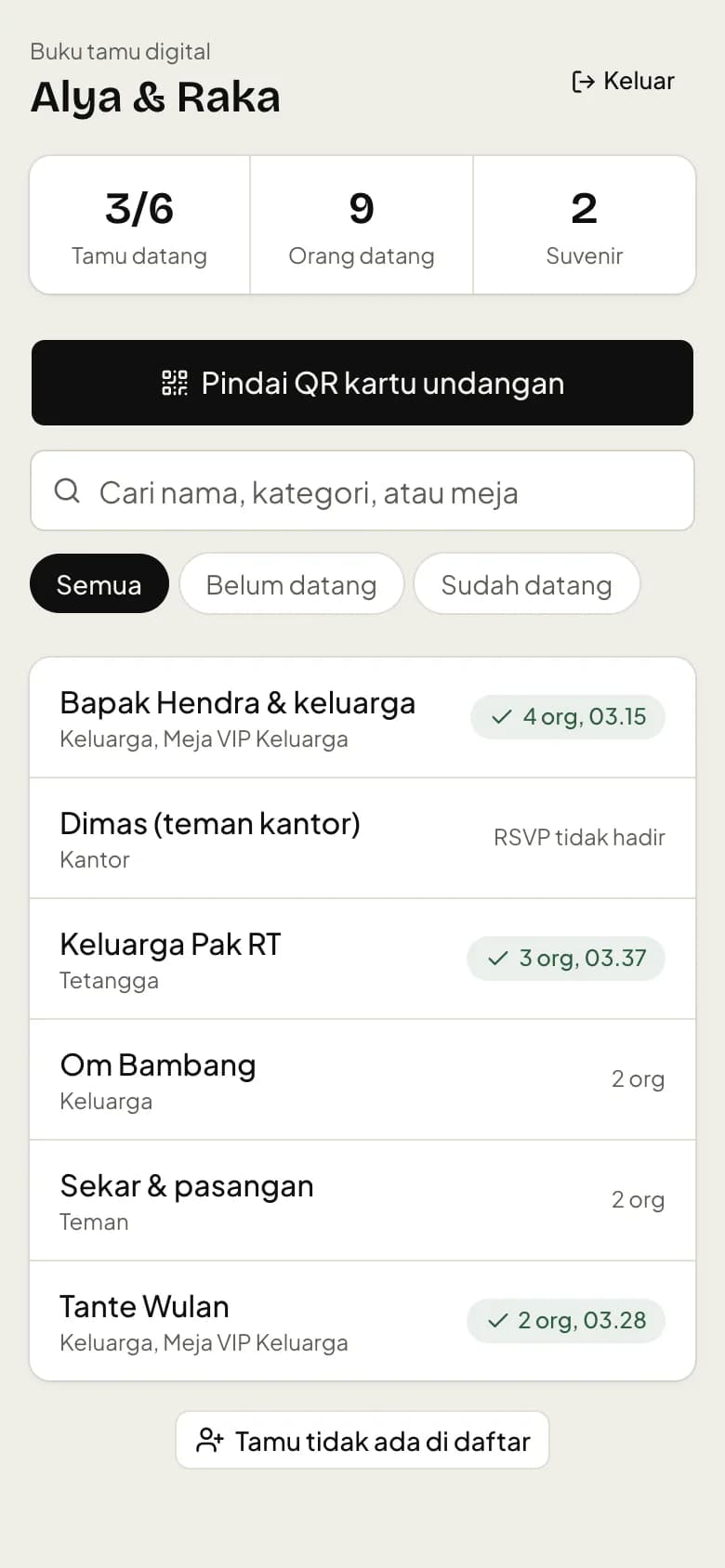 Layar penerima tamu: pindai QR atau cari nama