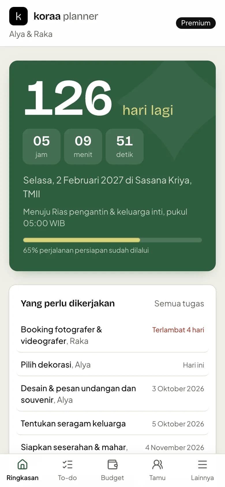 Halaman Ringkasan dengan hitung mundur