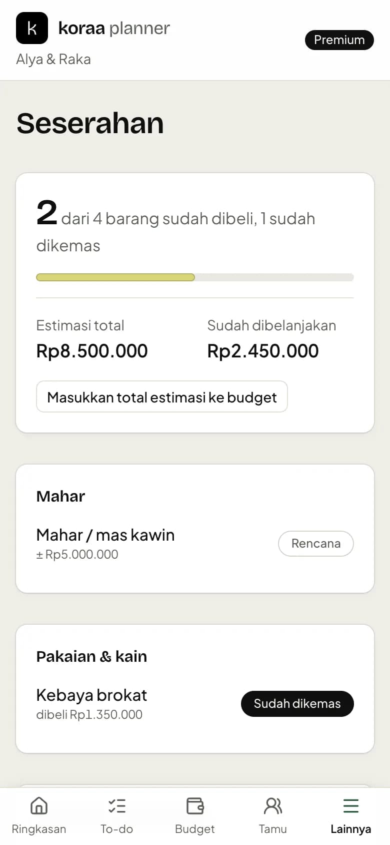 Daftar seserahan per kategori