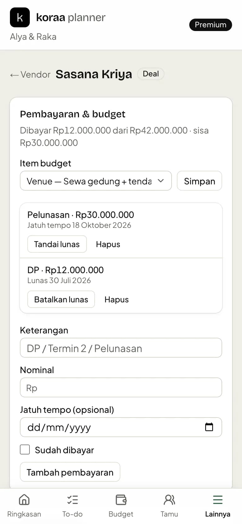 Detail vendor dengan jadwal pembayaran