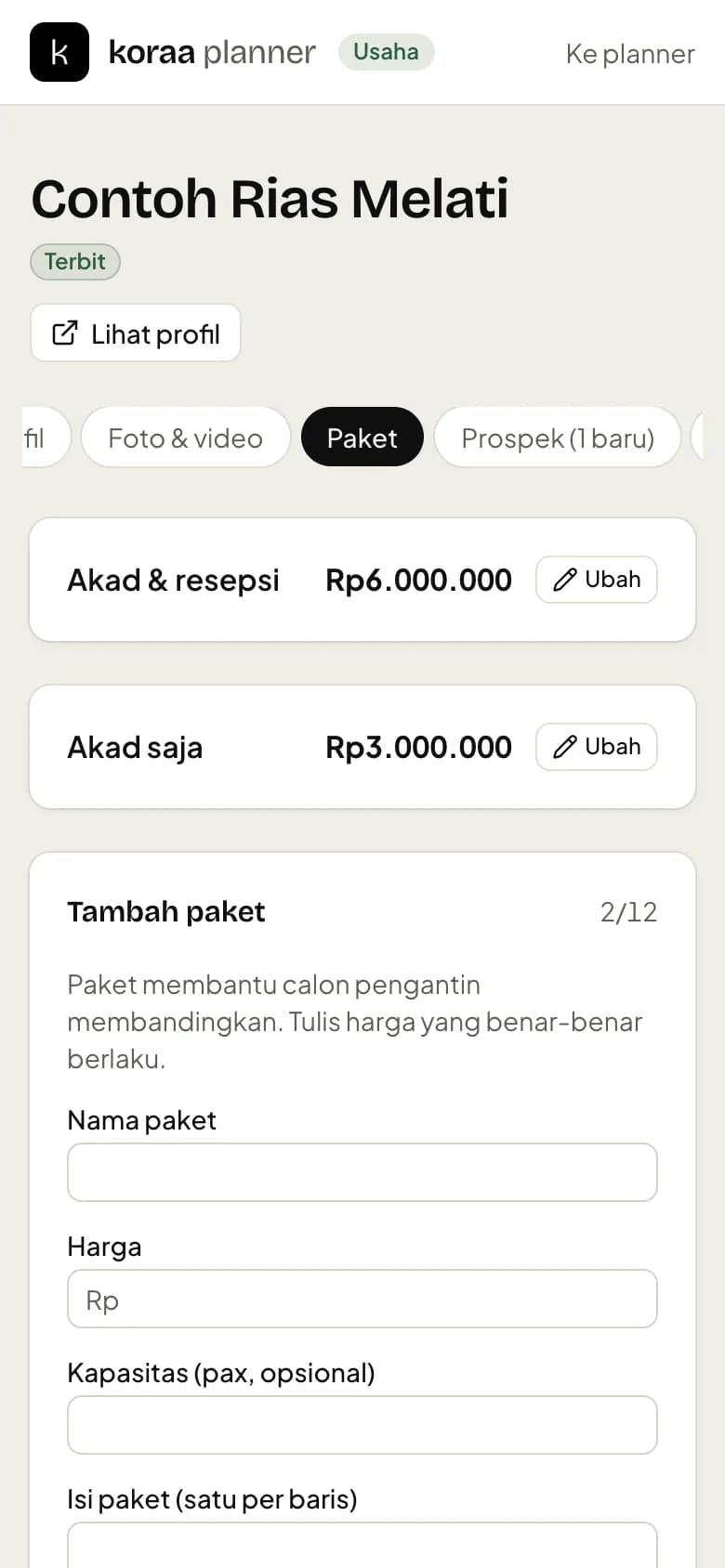 Daftar paket dan form tambah paket