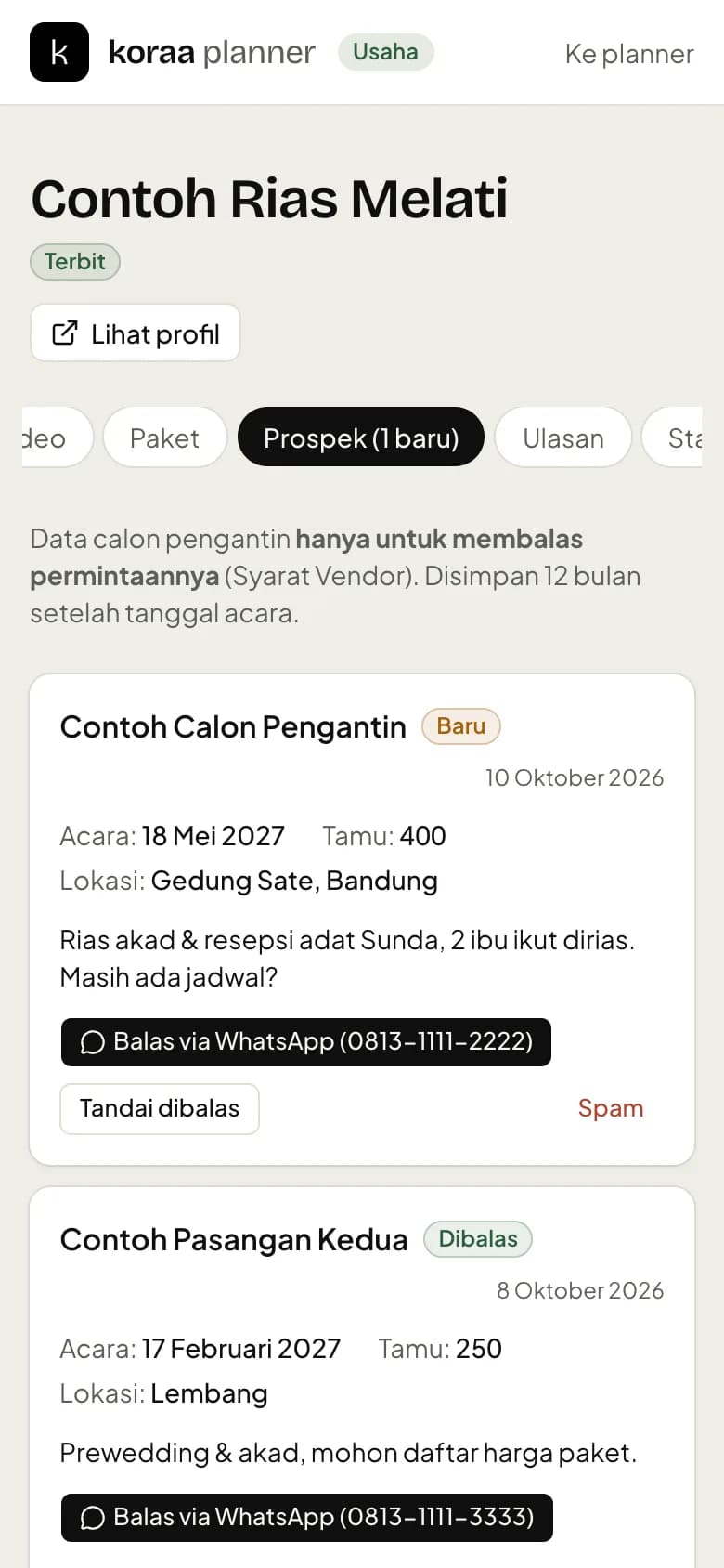 Tab Prospek berisi permintaan penawaran