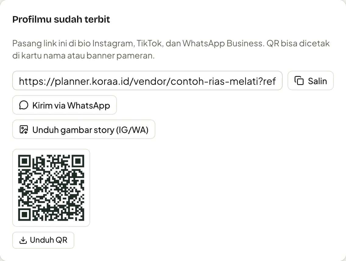 Kotak profil terbit: link, QR, dan gambar story