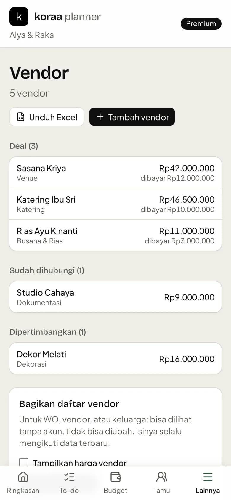 Daftar vendor per status