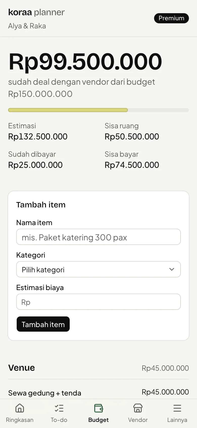 Halaman budget: total deal vendor, estimasi, sisa ruang, dan daftar item per kategori