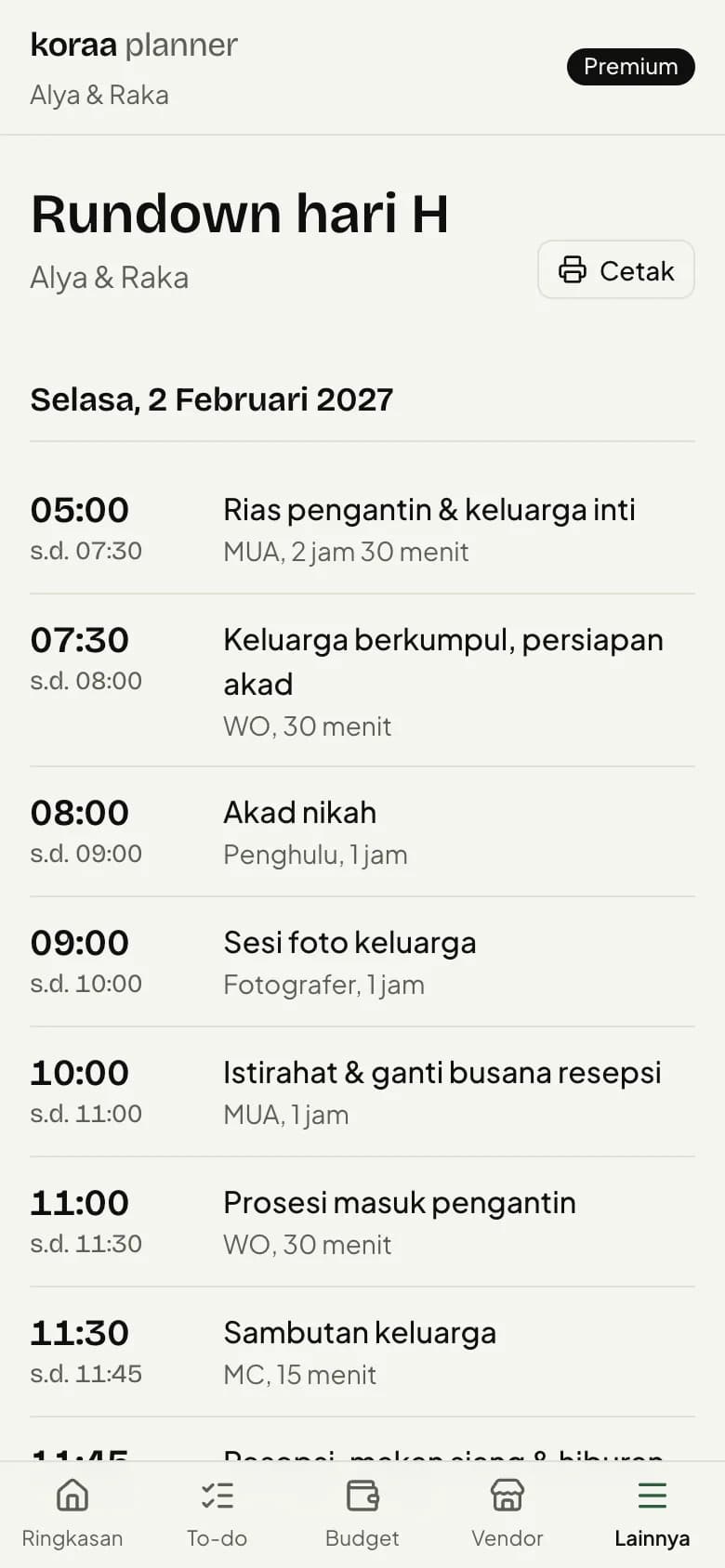 Rundown hari H: jam, nama acara, dan penanggung jawab