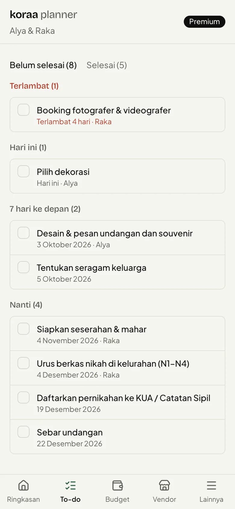 Daftar to-do dikelompokkan: terlambat, hari ini, 7 hari ke depan, dan nanti