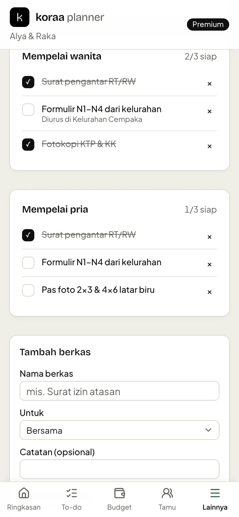 Checklist berkas nikah per mempelai