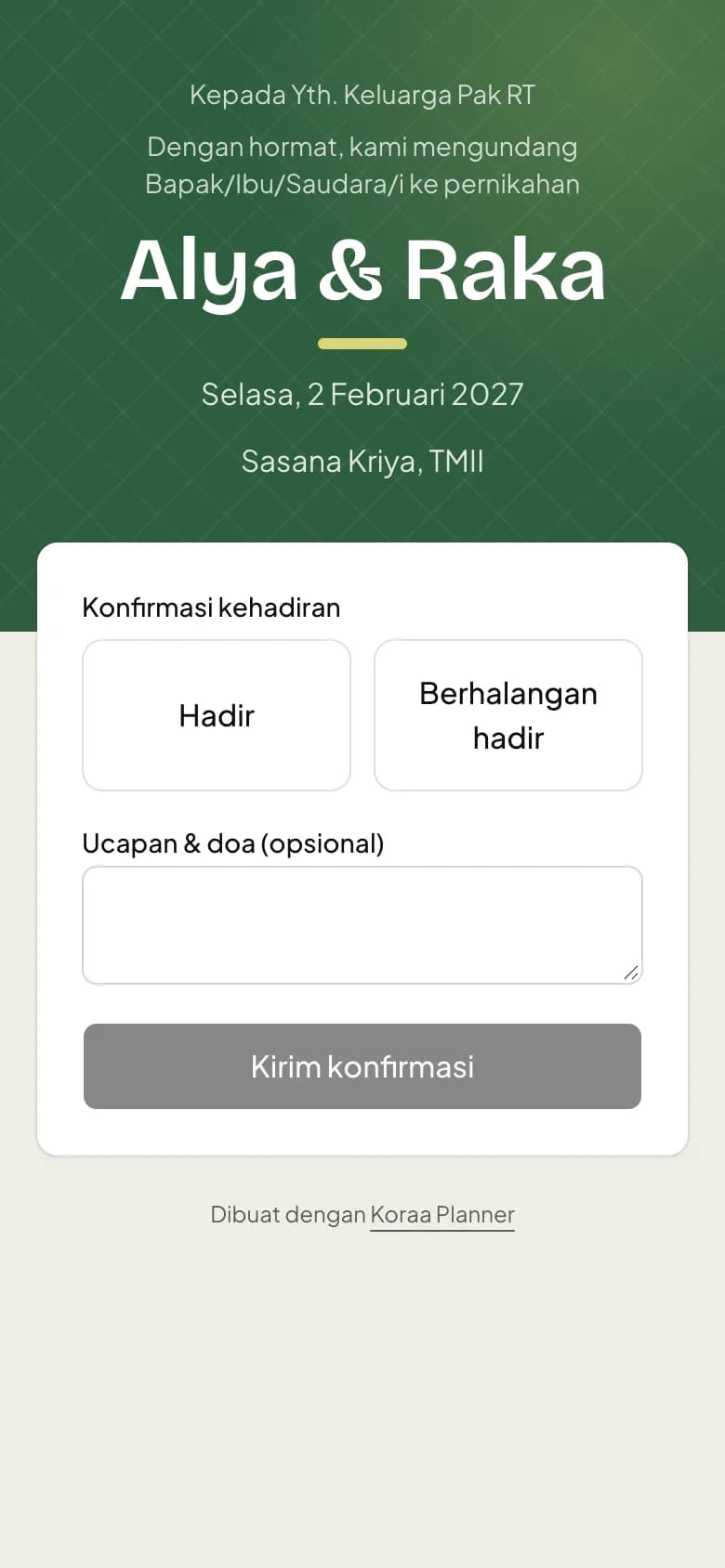 Halaman konfirmasi kehadiran untuk tamu