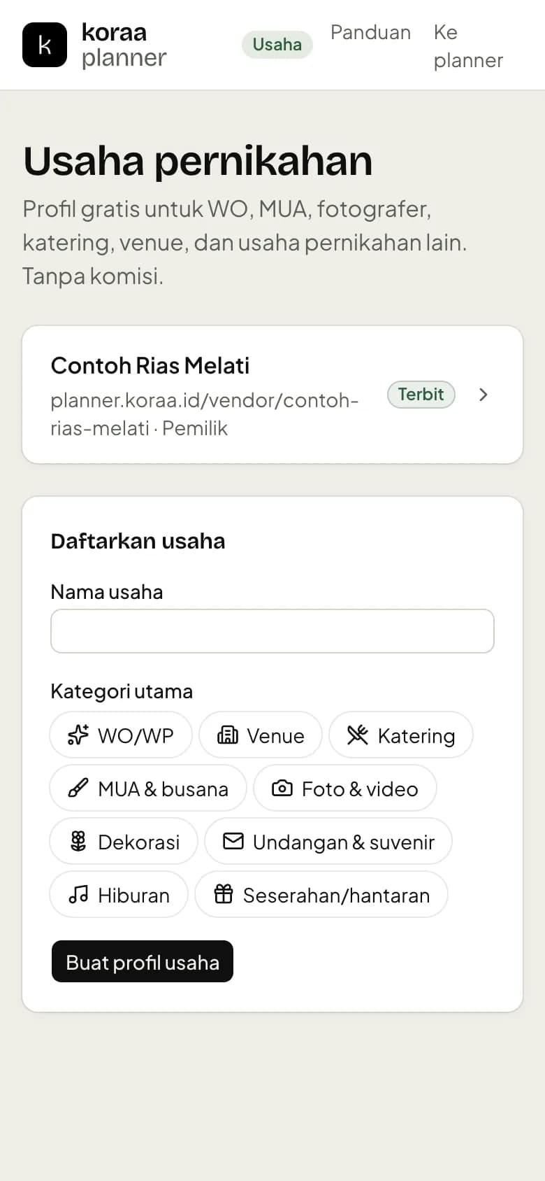 Halaman Usaha: daftar usaha dan form daftarkan usaha