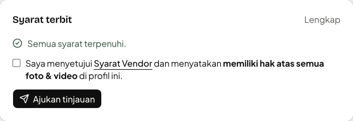 Kotak syarat terbit dan tombol ajukan tinjauan