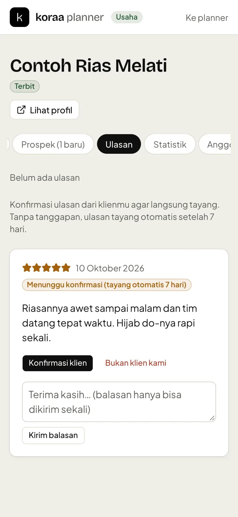 Tab Ulasan dengan tombol konfirmasi klien